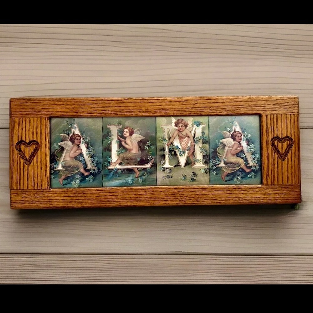 ‘ALMA’ E Clapsaddle Vintage Framed Angel Cherub Foil Art 90s 00s Vintage Retro